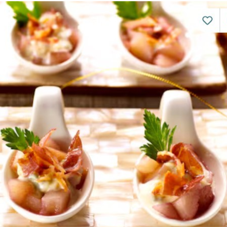 Lepelhapje van peren met port, gorgonzola en krokante pancetta