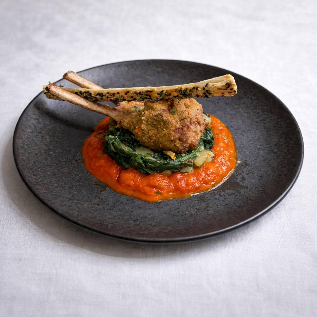 Gekruide lamsrack met spinazie-aardappelen met tomatensaus