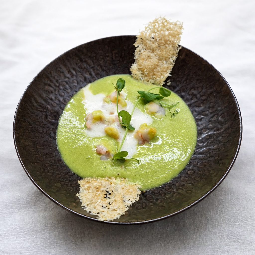 Erwtencrèmesoep met scampi’s, munt en krokantjes van Parmezaanse Kaas
