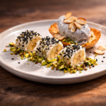 Sushi Van Banaan Met Kokos, Marsepein en Pistachenoten met zwarte sesamijs