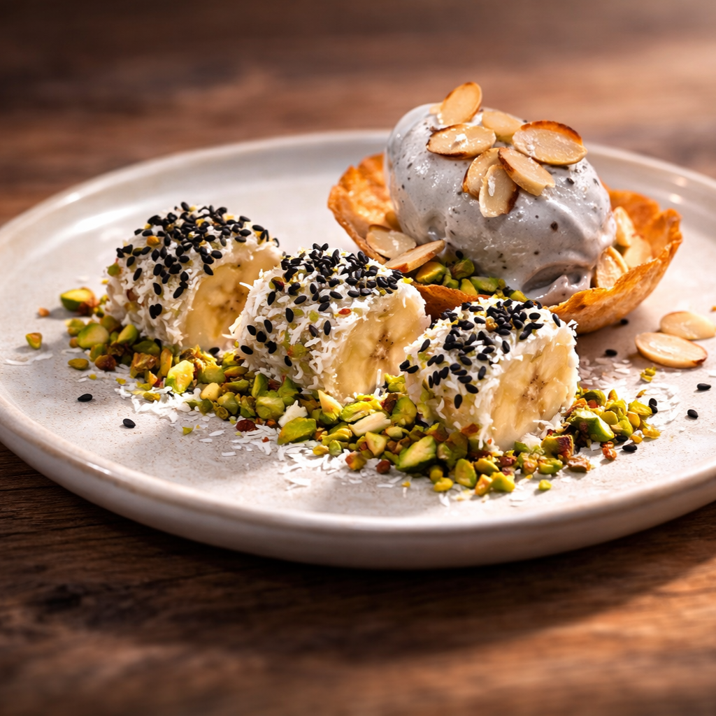 Sushi Van Banaan Met Kokos, Marsepein en Pistachenoten met zwarte sesamijs