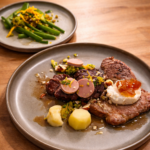Twee bereidingen van Ibéricovlees, wangetjes en presa, met salade van haricots vert en pomme chateau