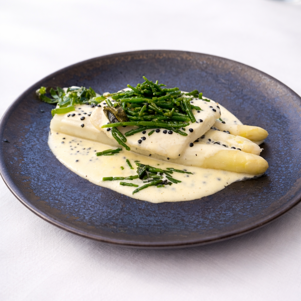 Gepocheerde tarbot met asperges, kaviaar en zilte plantjes